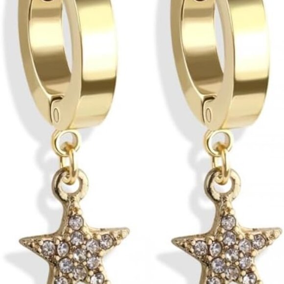 316L Stainless Steel CZ Crystal Star Dangling Huggie Hoop Earrings, Gold Tone, 2 - Picture 1 of 2